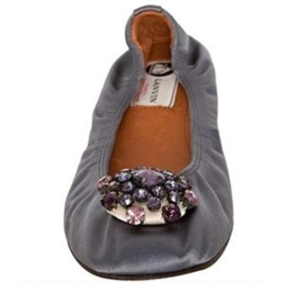 Lanvin Slate Satin Jeweled Embellished Ballerina Ballet Flats Shoes